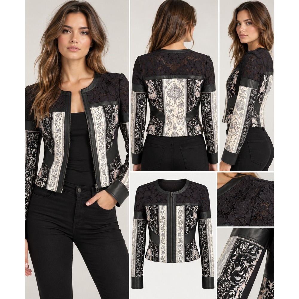 BCBGMAXAZRIA Tarik Jacket M NWT Lace Floral Faux Leather Cropped Moto MSRP $338